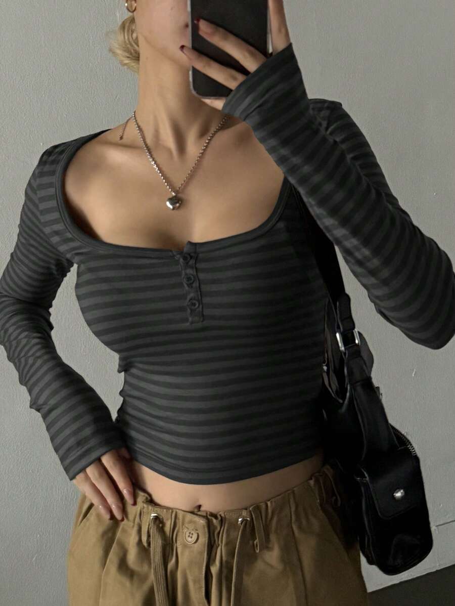 DAZY 女式休闲条纹修身长袖T恤，秋季，女式短款上衣 - 墨綠色 - 查看 1