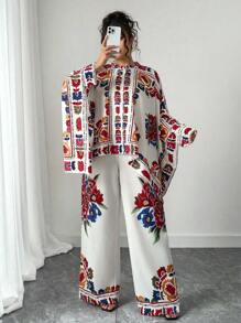 Elenzga Plus Size Floral Print Asymmetrical Hem Batwing Casual Shirt + Loose Wide Leg Pants Elegant Two Pieces Set, Suitable For Party Fall Cloth For Women - Multicolor - View 1