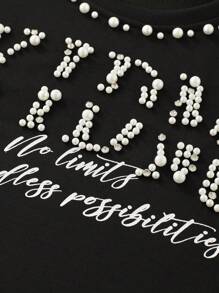 ROMWE MEN Men's Street Life Loose Fit Short Sleeve T-Shirt With Sparkling Rhinestone And Pearl Decor - Black - View 2