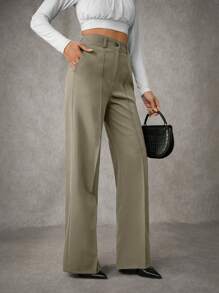 EURMUSE Women's Solid Pleated Seam Detailed Suit Pants - Army Green - View 7