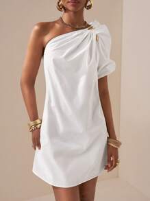 Zivah 2025 Spring/Summer New Music Festival, Easter, St. Patrick's Day, Western, Nomadic, Birthday, Graduation, College, Student, Casual, Vacation, Cruise, Beach, Sunbathing, Street Style, Elegant White Asymmetric Ruched Puff Sleeve Mini Dress - White - View 6