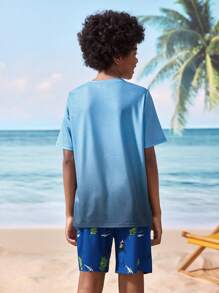 Shark Week X SHEIN Tween Boy Casual Shark Print Round Neck Short Sleeve T-Shirt And Shorts Set, Summer - Multicolor - View 2