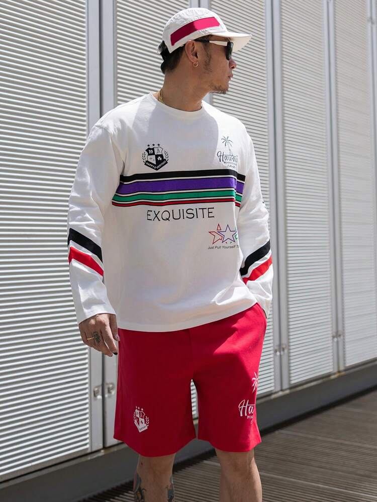 Summer Stripe & Multicolor Letter Print Racing Sports Casual Men T-Shirt Set