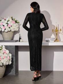 Modelyn Women's V-Neck Front Slit Pearl Chain Dress