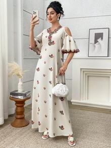 Yasmyna Women's Elegant Floral Embroidery Off-Shoulder Ruffle Hem Dress, Summer Women Summer Dresses Women Maxi Dresses