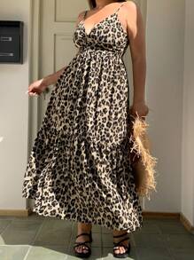Dazy Plus Vestido largo de tirantes estilo A con estampado de leopardo, para talla grande, estilo de vacaciones, atuendo de crucero de verano para mujeres - Caqui - Ver 5