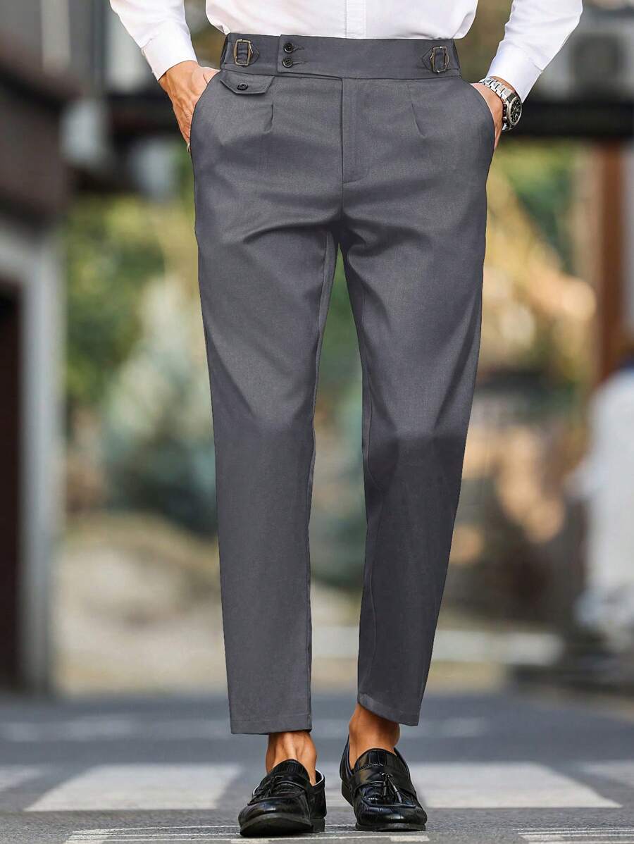 Manfinity Bizformal Men's Business-Casual White Suit Pants Featuring A Waistband Ribbon Design, Perfect As A Gift For Your Boyfriend Or Husband. Men's Casual Solid Color Tapered Suit Pants , White Pants For Men , Men White Slim Dress Pants , , Unique Suit For Men , White Suit Men - Grey - View 1