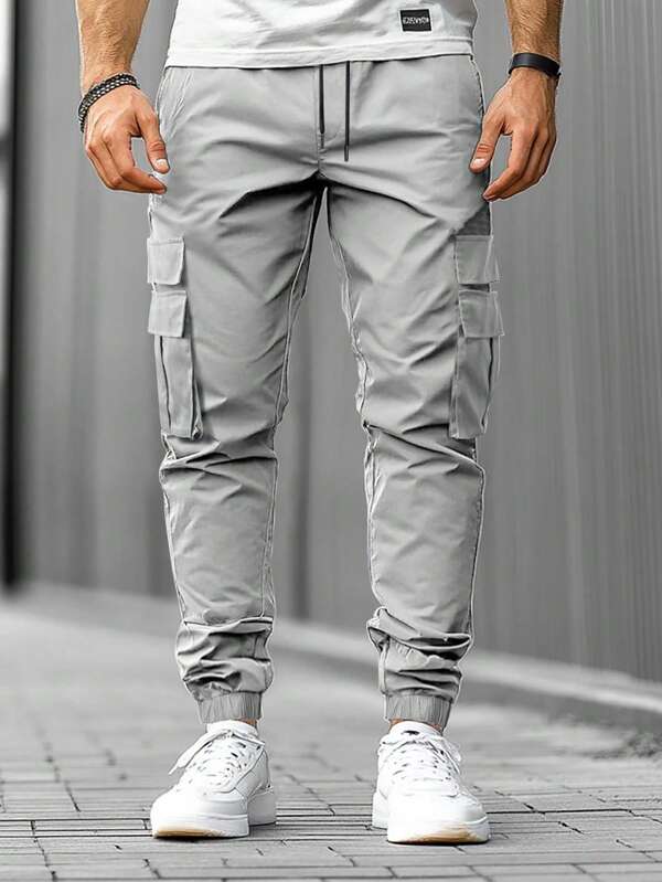 Manfinity Roughcore Calça jogger cargo masculina com cordão na cintura e bolso, outono