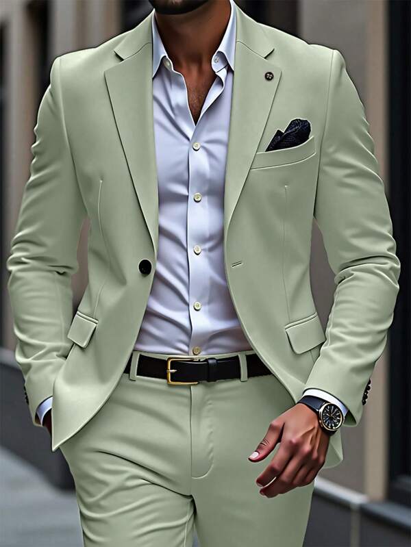 Manfinity Mode Ensemble 2 pièces pour hommes, costume formel de couleur unie avec veste à manches longues et pantalon, convient pour l'été