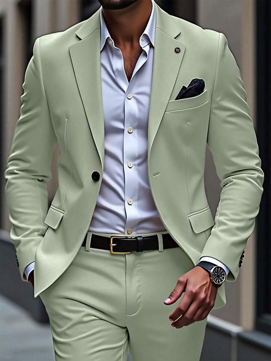 Manfinity Mode Ensemble 2 pièces pour hommes, costume formel de couleur unie avec veste à manches longues et pantalon, convient pour l'été