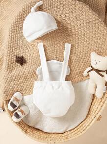 SHEIN 男女通用婴儿黄鸭刺绣装饰连体衣，可爱舒适的休闲夏季服装 - 白色 - 查看 2