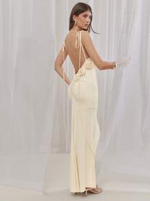 L'Amorae 女式夏季优雅纯色 3D 花卉装饰露背细肩带连衣裙 - 黃色 - 查看 4