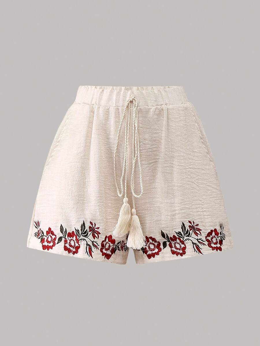 Sweetra 女士度假风格刺绣花卉腰带休闲短裤 - 杏色 - 查看 1