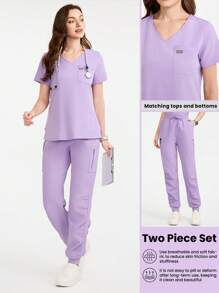Scrubzie V-Neck Solid Color Scrub Uniform Set, Fashionable For Summer - Purple - View 1