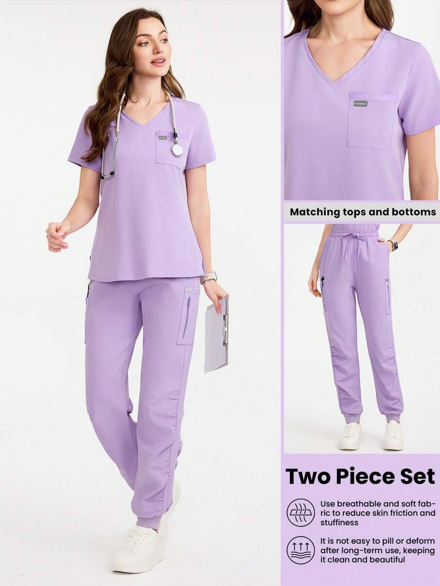 Scrubzie V-Neck Solid Color Scrub Uniform Set, Fashionable For Summer - Purple - View 1