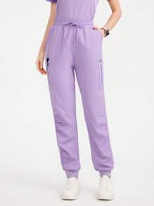 Scrubzie V-Neck Solid Color Scrub Uniform Set, Fashionable For Summer - Purple - View 4