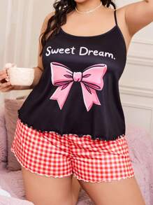 SweetSlumber Plus Size Bowknot Printed Cami & Plaid Shorts Pajama Set - Multicolor - View 1