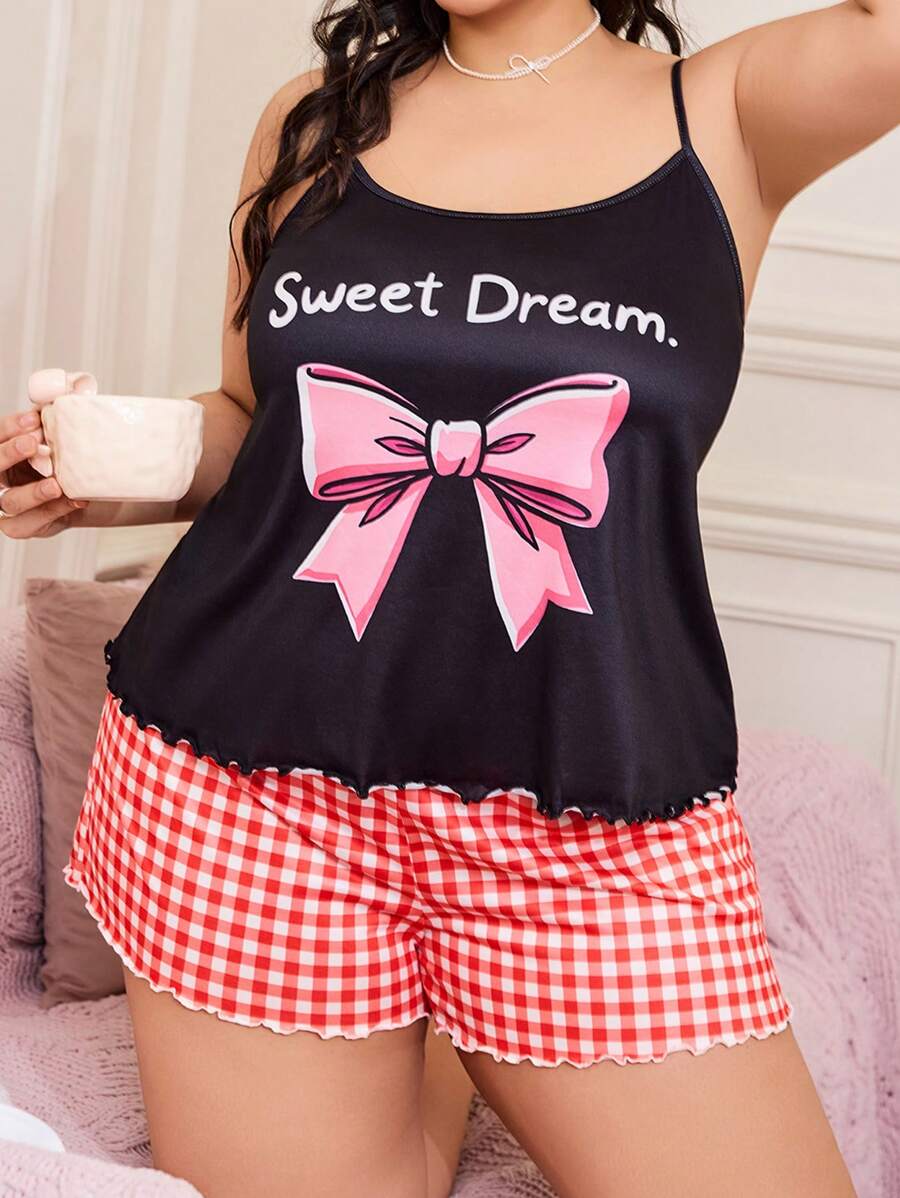 SweetSlumber Plus Size Bowknot Printed Cami & Plaid Shorts Pajama Set - Multicolor - View 1