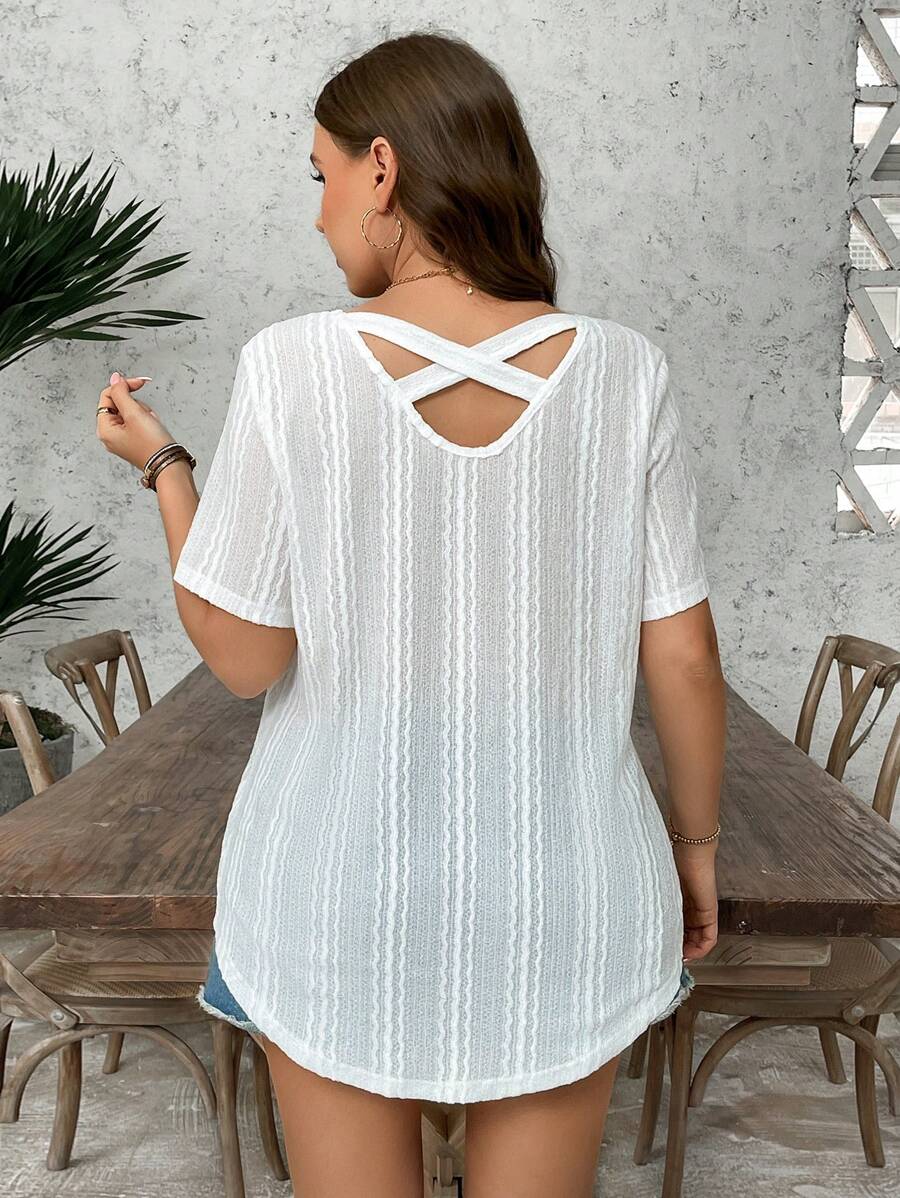 SHEIN LUNE Plus Size Solid Color Simple Style Short Sleeve T-Shirt, Suitable For Summer Summer Outfits For Women Summer Clothes European Summer - White - View 1