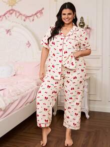 Plus Size Bow & Cherry Print Pajama Set - Multicolor - View 5