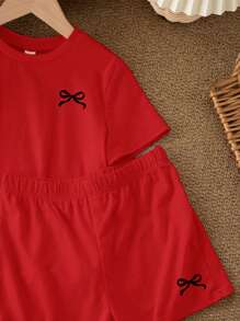 SHEIN Leap Crew Tween Girl Casual Minimal Bow Printed Short Sleeve T-Shirt And Shorts 2 Pieces Set, Suitable For Summer - Red - View 4