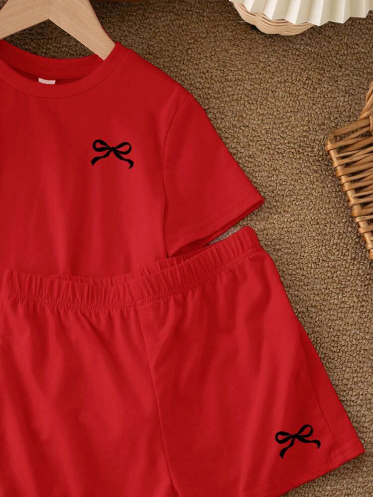 SHEIN Leap Crew Tween Girl Casual Minimal Bow Printed Short Sleeve T-Shirt And Shorts 2 Pieces Set, Suitable For Summer - Red - View 4