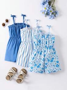 SHEIN Elladie kids Bộ đồ liền thân buộc dây phía trước họa tiết sọc + hoa cho bé gái - Màu xanh lam - Xem 2