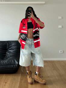 StreetHx Women's Summer Street Style English Text Print Short Sleeve Shirt - Red - View 1