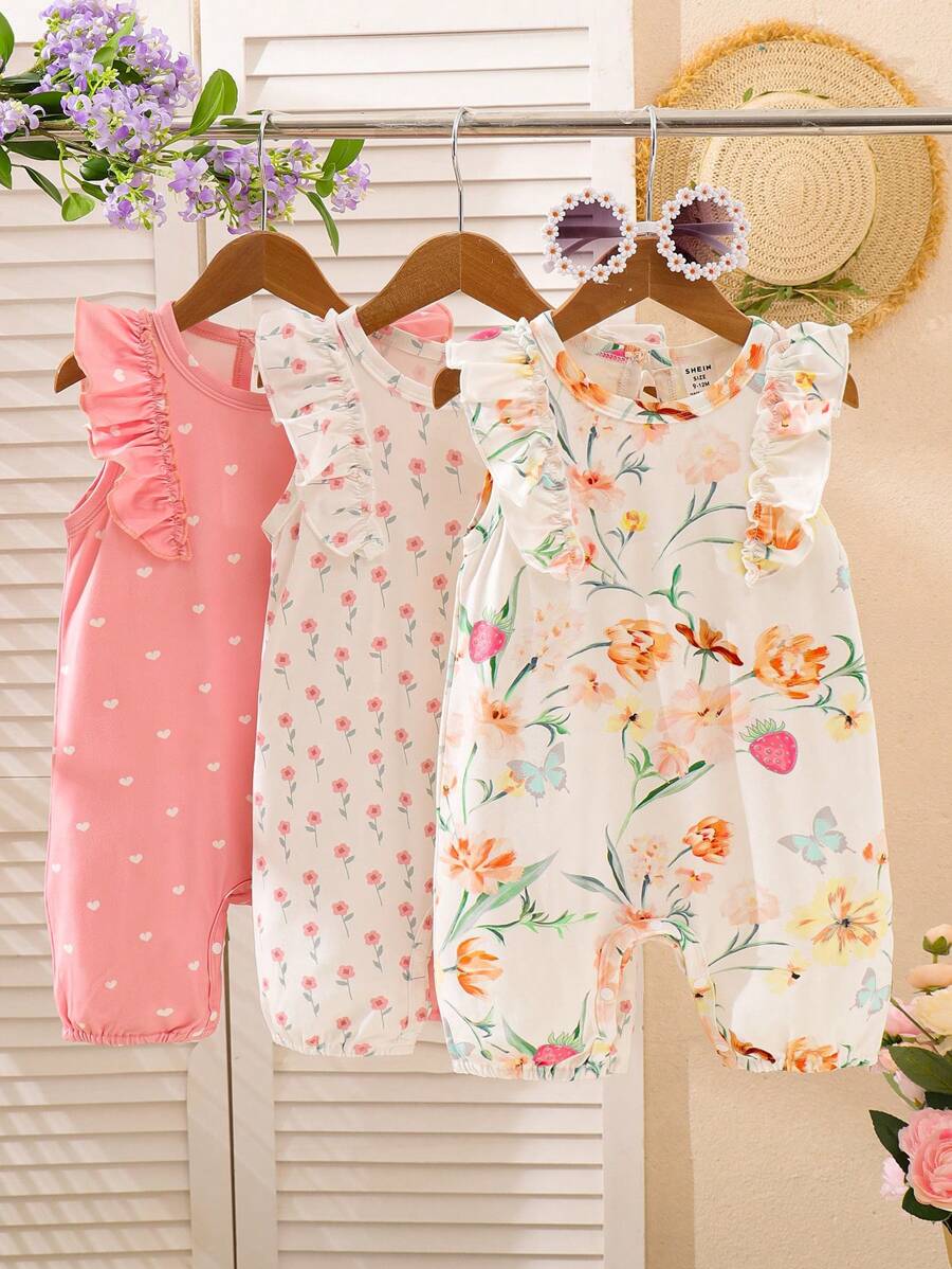 SHEIN Playful Pals 3件組女嬰象牙粉&白色甜美花卉印花短袖連身褲 夏季可愛休閒極簡主義吊帶褲 適合單身派對度假&外出 - 彩色 - 查看 1