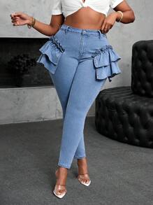 Plus Size Women's Stretch Ruffled Denim Jeans, Skinny Fit Light Blue Jeans  Autumn Outfits For Women Festival Outfits SHEIN SXY Plus Size Women Elastic Denim Jeans With Ruffle Hem Design Women Autumn Outfits Autumn Outfits For Women - Light Wash - View 5