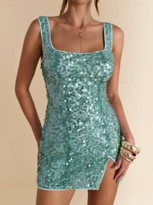 SHEIN BAE Mint Blue Sage Green Sleeveless Sequin Glitter Mini Dress With High Slit,Summer 70s Retro Club Party Sparkly Music Festival Brunch Vacation Clothing - Green - View 7