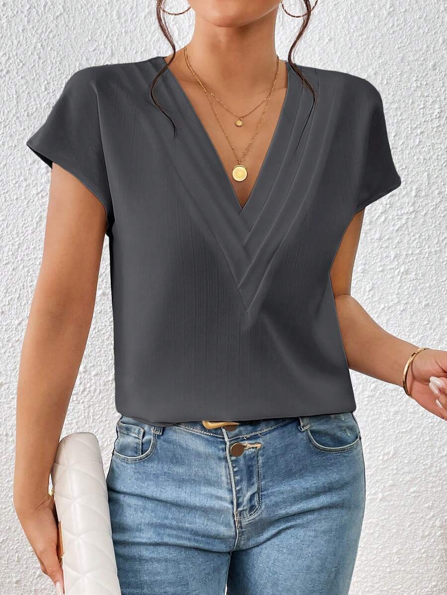 SHEIN Privé Camisa de manga corta, unicolor simple, de moda para el verano - Gris - Ver 1