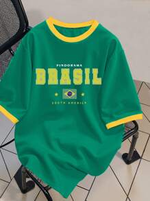 Claim Dot Men's Patchwork T-Shirt Manfinity Hypemode, Green & Yellow Brazil Football Sports Element & Letter Print Pattern, Contrast Color Patchwork Short Sleeve Sport Jersey Baseball Shirt - Green - View 1