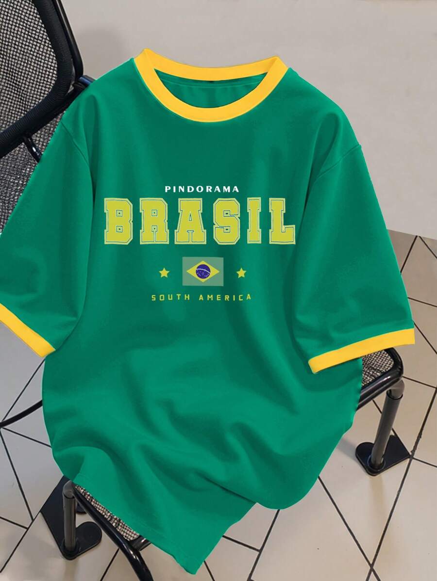 Claim Dot Men's Patchwork T-Shirt Manfinity Hypemode, Green & Yellow Brazil Football Sports Element & Letter Print Pattern, Contrast Color Patchwork Short Sleeve Sport Jersey Baseball Shirt - Green - View 1