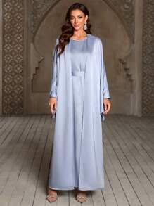 SHEIN Abito elegante da donna a tinta unita con spacco e parte esterna morbida - Blu - Visualizzare 5
