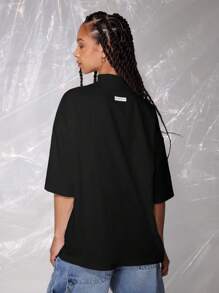 SUMWON WOMEN Oversized Mock Neck Tshirt Casual Relaxed Fit Layer Spring 3/4 Length Sleeve Modern Urban Streetwear High Neck Office Work Wear Minimalist Design - Black - View 2