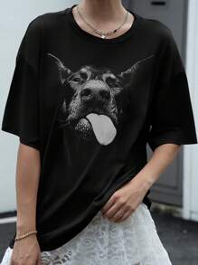 INAWLY 大码女式狗印花休闲圆领短袖 T 恤