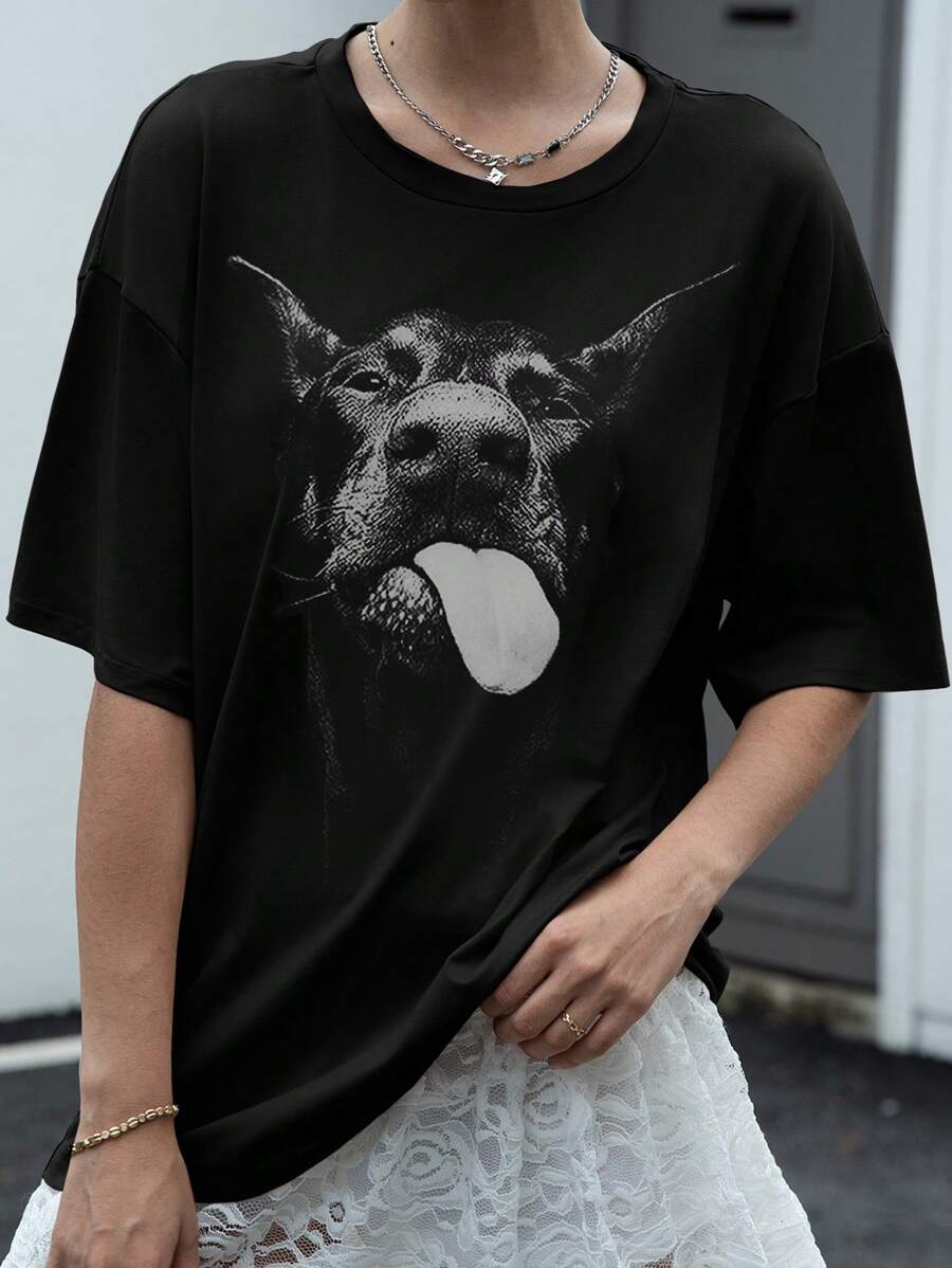 INAWLY 大码女式狗印花休闲圆领短袖 T 恤