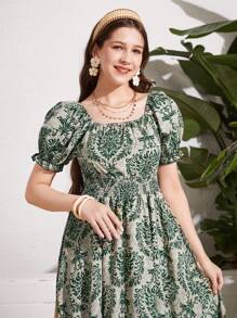 SHEIN Teens Girls Print Pattern Square Neck Puff Sleeve Pleated Waist Fitted Short Dress, Suitable For Summer Outings And Vacations - Dark Green - View 3
