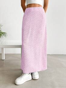 SHEIN EZwear 女士浅粉色高腰长款休闲碎花裙，夏季 - 淺粉色 - 查看 3