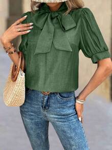 Calvaya Elegancka bluzka damska w kształcie litery H z bufiastymi rękawami i kokardą przy szyi w jednolitym kolorze - Zielony - Zobacz 3
