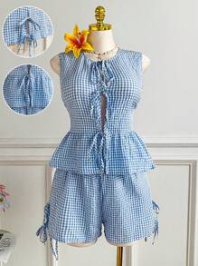 Comfortcana Plus Size Blue & White Check Bowknot Tie Sleeveless Top & Shorts 2 Pieces Set, Summer