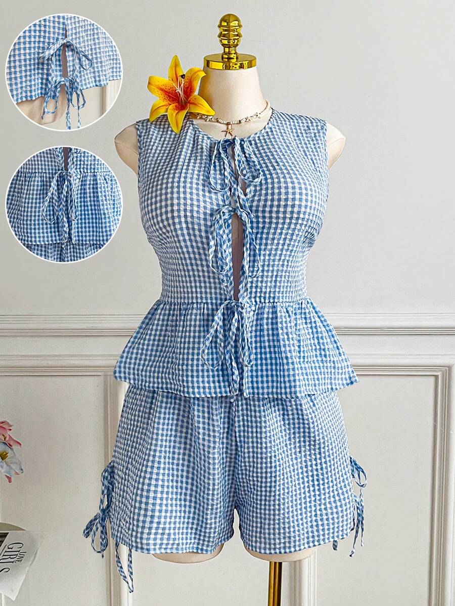 Comfortcana Plus Size Blue & White Check Bowknot Tie Sleeveless Top & Shorts 2 Pieces Set, Summer