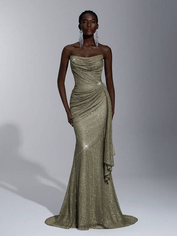 Elitara Elegantes olivgrünes, schwer verziertes, glänzendes Pailletten-Trägerkleid mit Strasssteinblumendekoration an der Seite, seitlich drapierte Panels, geeignet für Partys, Hochzeiten, Galas, Abschluss, Abschlussball, formelle Anlässe, Abendkleid, Brautjungfernkleid