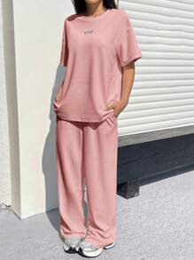 SHEIN EZwear Women Texture Casual Loose T-Shirt And Wide-Leg Pants 2Pcs Set - Dusty Pink - View 4