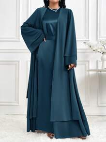 Al Najma 女士圆领长喇叭袖腰系带优雅长袍，朴素优雅的风格，适合日常休闲/工作/度假/晚会/婚礼宾客 - 水鴨藍 - 查看 4