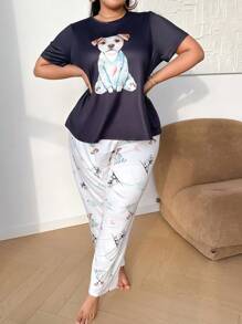 SHEIN Conjunto de pijama con estampado de animales de dibujos animados, de manga corta y pantalones cortos, para talla grande