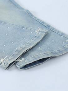 Young Girl Casual Everyday Washed Rhinestone Elastic Waist Flared Leg Pants - Light Wash - View 5