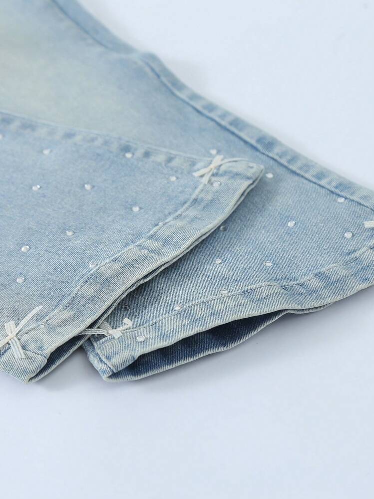 年轻女孩休闲日常水洗水钻松紧腰喇叭裤 - 淺色水洗藍 - 查看 5