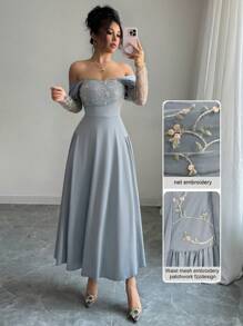Modelyn Vestido de manga larga ajustado con hombros descubiertos y volantes para mujeres - Azul - Ver 1